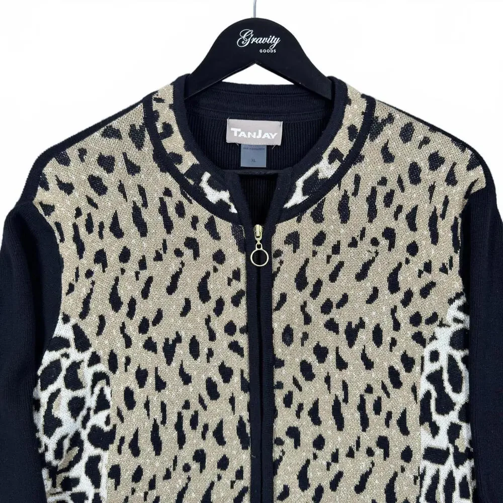 TanJay Women's Animal Print Zip-Up Cardigan Jacket XL Cheetah Leopard Black Gold